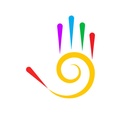 Illustration of Abstract Stylized Colored Hand with Five Fingers, and Spiral Design Element on Whiteのイラスト素材
