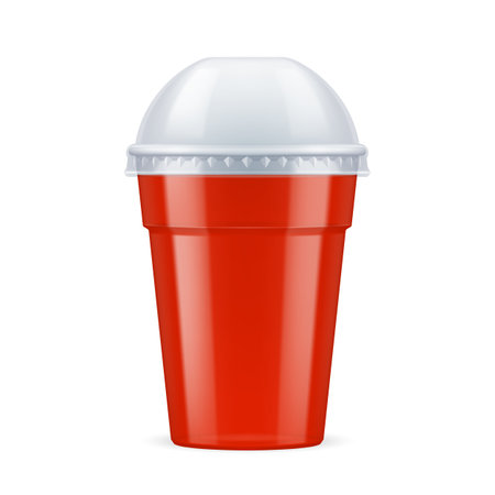 Red Plastic Cup with Lid For Single Use. Disposable Container Mockup for Drinks Isolated on White Backgroundのイラスト素材