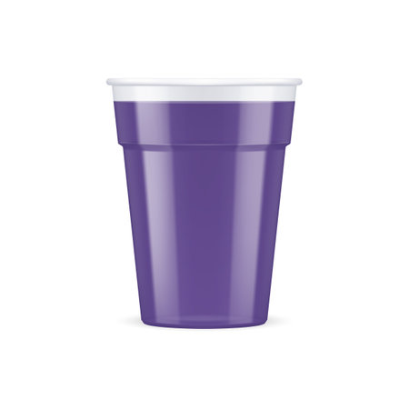 Violet Plastic Cup For Single Use. Disposable Container Mockup for Drinks Isolated on White Backgroundのイラスト素材