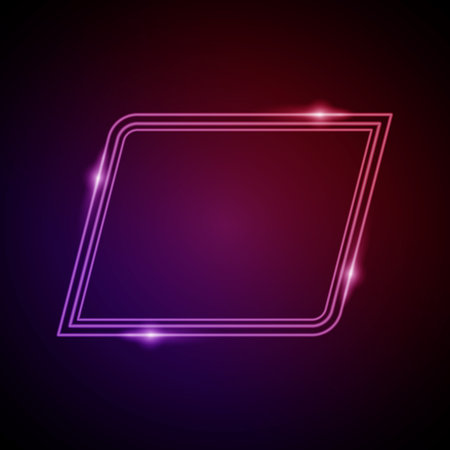 Neon Frame with Glow, and Sparkles. Electronic Luminous Parallelogram Frame in Pink Colors, for Entertainment Message or Promotion Theme on Dark Backgroundのイラスト素材