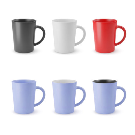 Illustration of Six Realistic Empty Ceramic Coffee Cup or Tea Mug. Isolated Mockup with Shadow Effect, for Web Design, and Printing on a Whiteのイラスト素材