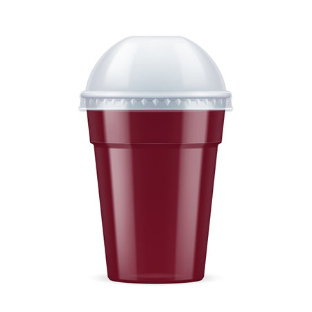 Brown Plastic Cup with Lid For Single Use. Disposable Container Mockup for Drinks Isolated on White Backdropのイラスト素材