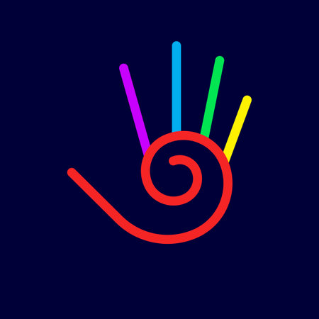 Illustration of Stylized Colored Hand with Five Fingers, and Spiral Design Abstract Element on Dark Backdropのイラスト素材
