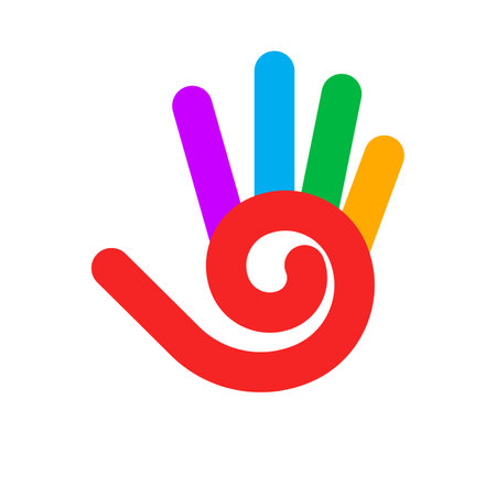 Illustration of Abstract Simple Colored Hand with Five Fingers, and Spiral Design Element on White Backgroundのイラスト素材