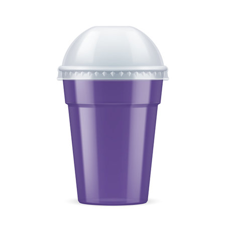 Violet Plastic Cup with Lid For Single Use. Disposable Container Mockup for Drinks Isolated on White Backgroundのイラスト素材