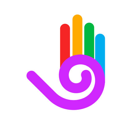 Illustration of Abstract Stylized Colored Hand with Five Fingers, and Spiral Design Element on White Backdropのイラスト素材