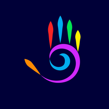Illustration of Abstract Colored Hand with Five Fingers, and Spiral Design Element on Dark Backgroundのイラスト素材