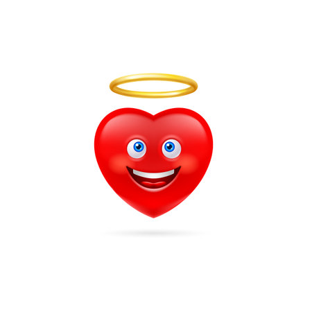 Red Heart Character with Golden Nimbus. Cute Cartoon Style Illustration. Romantic Love Lovesickness Symbol. St Valentine Greeting Card Decor, or Marriage Anniversaryのイラスト素材