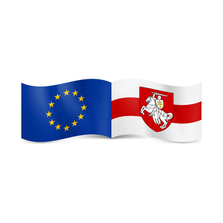 Flags of European Union and the white-red-white flag Belarus. Symbol of Together Union and Cooperationのイラスト素材