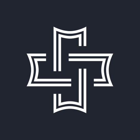 Complex Geometric Contemporary Element. Icon for Business Corporate Sign. Abstract Merged Figures for Mobile App on Black Backgroundのイラスト素材