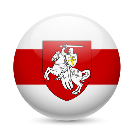 Flag of Freedom Belarus as a Round Glossy Icon. Button with The Pahonia Against the Background of the white-red-white flag. Historical coat of arms of Belarus and the Grand Duchy of Lithuaniaのイラスト素材