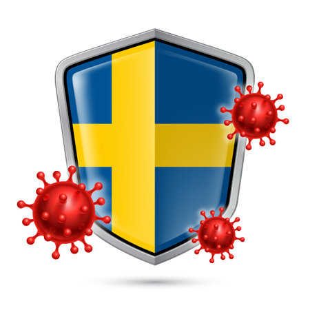 Flag of Sweden on Metal Shiny Shield Icon and Red Corona Virus Cells. Concept of Health Care and Safety Badge. Security Safeguard Metal Label with Swedish flagのイラスト素材
