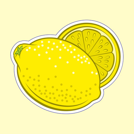 Illustration of Colorful Juicy Stylized Whole and Half Lemon. Icon for Food Apps and Stickers Isolated on a Yellow Backgroundのイラスト素材