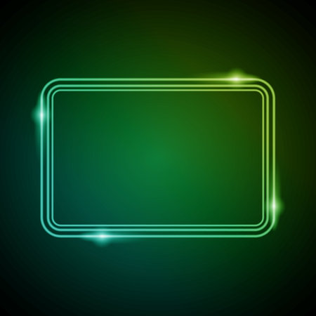 Neon Frame with Glow, and Sparkles. Electronic Luminous Rounded Rectangles Frame in Green Colors, for Entertainment Message or Promotion Theme on Dark Backdropのイラスト素材