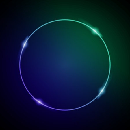 Neon Frame with Glow, and Sparkles. Electronic Luminous Circle Frame in Green and Blue Colors, for Entertainment Message or Promotion Theme on Dark Backgroundのイラスト素材