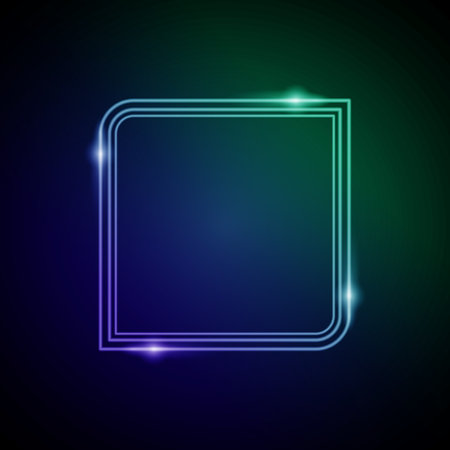 Neon Frame with Glow, and Sparkles. Electronic Luminous Square Frame in Blue and Green Colors, for Entertainment Message or Promotion Themeのイラスト素材