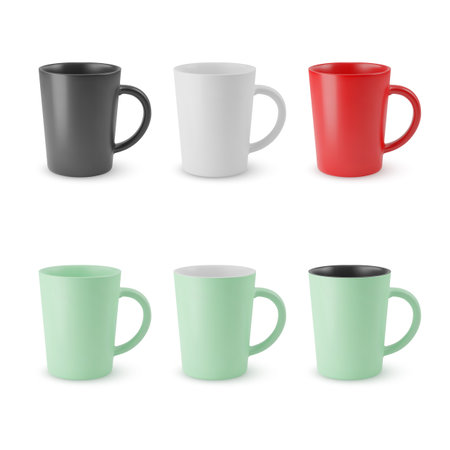 Illustration of Six Realistic Empty Ceramic Coffee Cup. Mockup with Shadow Effect, for Web Design, and Printing on a White Backdrop.のイラスト素材