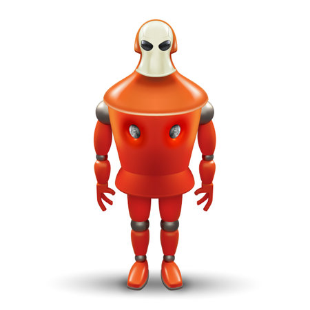 Cute 3D Humanoid Robotic Automation Isolated Icon. Tough Red Bot Mascot Character Illustration on White Backdropのイラスト素材