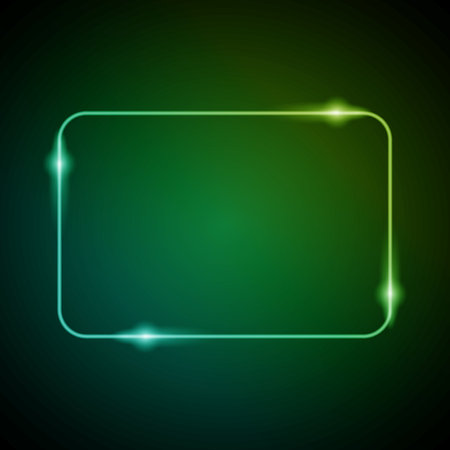 Neon Frame with Glow, and Sparkles. Electronic Luminous Rounded Rectangle Frame in Green Colors, for Entertainment Message or Promotion Theme on Dark Backgroundのイラスト素材