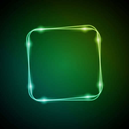 Neon Frame with Glow, and Sparkles. Electronic Luminous Rounded Square Frame in Green Colors, for Entertainment Message or Promotion Theme on Darkのイラスト素材