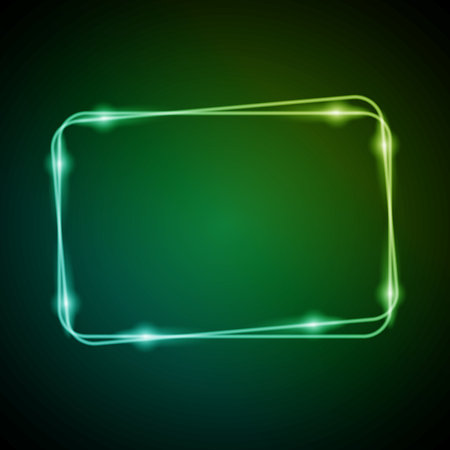 Neon Frame with Glow, and Sparkles. Electronic Luminous Rounded Rectangles Frame in Green Colors, for Entertainment Message or Promotion Theme on Dark Backgroundのイラスト素材