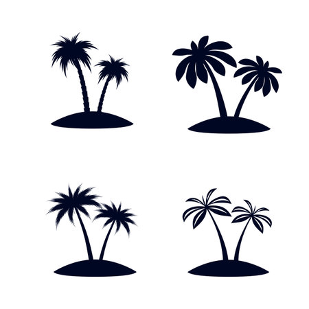 Collection of Black African Rainforest Coconut Trees or Tropical Palm Trees on White. Simple Black Silhouette for Graphic, and Web design, or Travel Designのイラスト素材