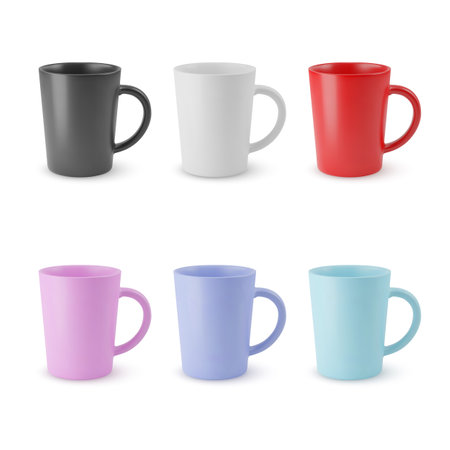 Illustration of Six Realistic Empty Ceramic Coffee Cup or Tea Mug. Mockup with Shadow Effect. For Web Design, and Printing on a White Backgroundのイラスト素材