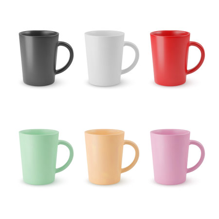 Illustration of Six Realistic Empty Ceramic Coffee Cup or Tea Mug. Mockup with Shadow Effect, and Copy Space for Web Design, and Printing on Whiteのイラスト素材