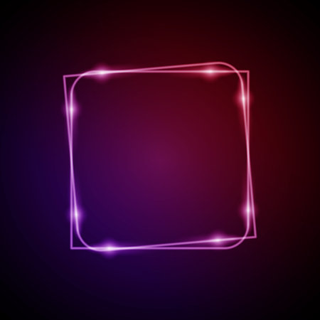 Neon Frame with Glow, and Sparkles. Electronic Luminous Squares Frame in Red Colors, for Entertainment Message or Promotion Theme on Dark Backgroundのイラスト素材