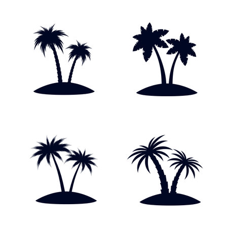 Collection of Black African Rainforest Coconut Trees or Tropical Palm Trees on White Background. Simple Black Silhouette for Graphic and Web Designのイラスト素材