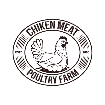 Chicken Poultry Farm Monochrome Logo, Vintage Premium Quality. Fresh Organic Chicken Eggs Farmer Logotype, or Badge Design. Isolated on Whiteのイラスト素材