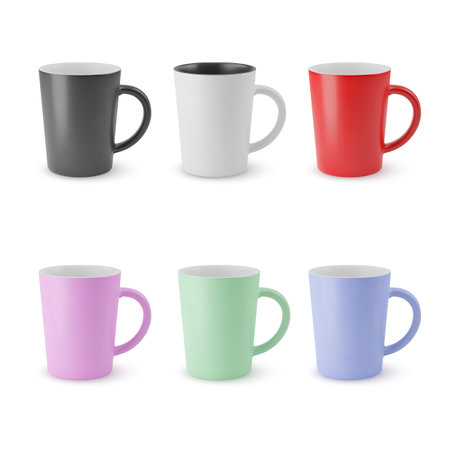 Illustration of Six Realistic Empty Ceramic Tea Mug. Mockup with Shadow Effect. For Web Design, and Printing on a White Backgroundのイラスト素材