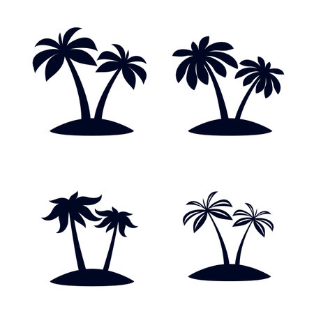 Collection of Black African Rainforest Coconut Trees or Tropical Palm Trees on White Backdrops. Simple Black Silhouette for Graphic and Web Designのイラスト素材