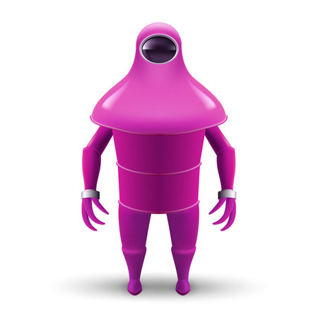Undersea Robotic Technology. Underwater Robot Isolated Icon. Tough Pink Bot Mascot Character Illustration on White Backdropのイラスト素材