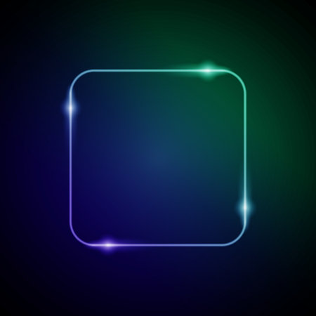 Neon Frame with Glow. Electronic Luminous Rounded Square Frame in Blue and Green Colors, for Entertainment Message or Promotion Theme on Dark Backdropのイラスト素材