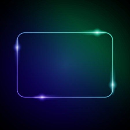Neon Frame with Glow. Electronic Luminous Rounded Rectangle Frame in Blue and Green Colors, for Entertainment Message or Promotion Theme on Dark Backdropのイラスト素材