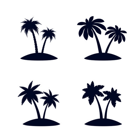 Collection of Black African Rainforest Coconut Trees or Tropical Palm Trees. Design Elements , Label, Emblem, Sign, and Brand Mark on White Backgroundのイラスト素材