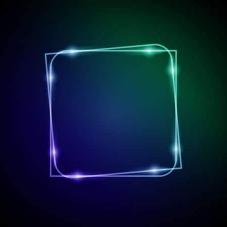 Neon Frame with Glow. Electronic Luminous Squares Frame in Blue and Green Colors, for Entertainment Message or Promotion Theme on Darkのイラスト素材