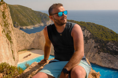 Young man with reflective sunglasses poses above Shipwreck Beach in Zakynthos, Greece, with scenic...