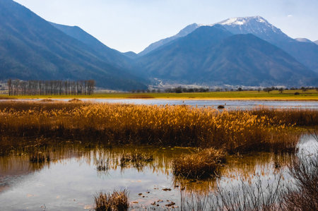 Peaceful wetland landscape at Lake Stymphalia in Corinth, Greece, with tall reeds, still waters, and...