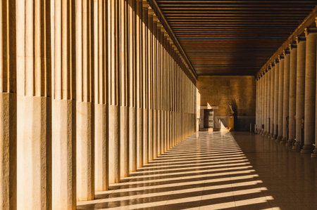 Colonnade with shadows inside Stoa of Attalos in Ancient Agora, Athens.の写真素材