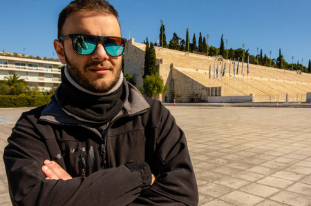 Closeup portrait man at Panathenaic Stadium in Athens, Greece landmark.の写真素材
