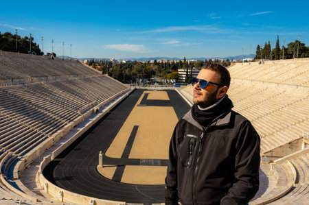 Man with sunglasses at Panathenaic Stadium in Athens, Greece.の写真素材