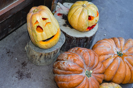 Carved Halloween pumpkins at Diomedes Botanic Garden in Chaidari, Athens, Greece.の写真素材