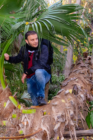 Man posing on fallen palm tree in National Garden Athens, Greece.の写真素材