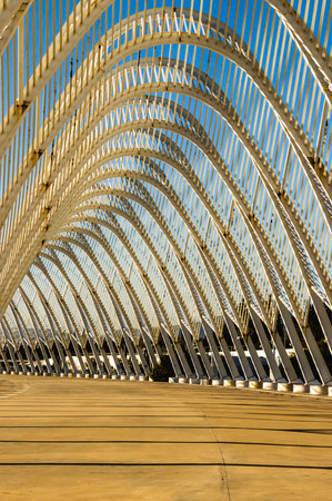 White steel arches of Santiago Calatrava at Athens Olympic Complex, Greece.の写真素材