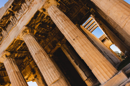 Tilted view of Doric columns in Temple of Hephaestus at Athens Agora, Greece.の写真素材