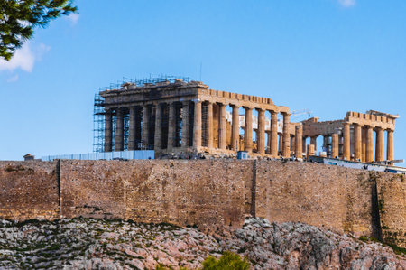 Parthenon temple with scaffolding at Acropolis in Athens, Greece.の写真素材