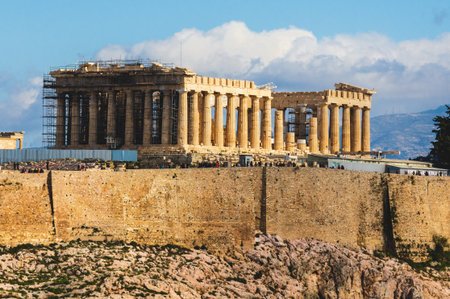 Close view of Parthenon temple with scaffolding at Acropolis in Athens, Greece.の写真素材