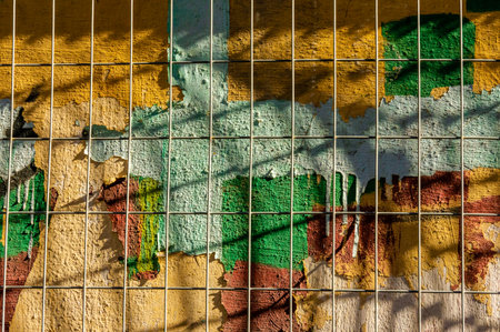 Colorful peeling paint wall with wire grid detail in Athens, Greece.の写真素材